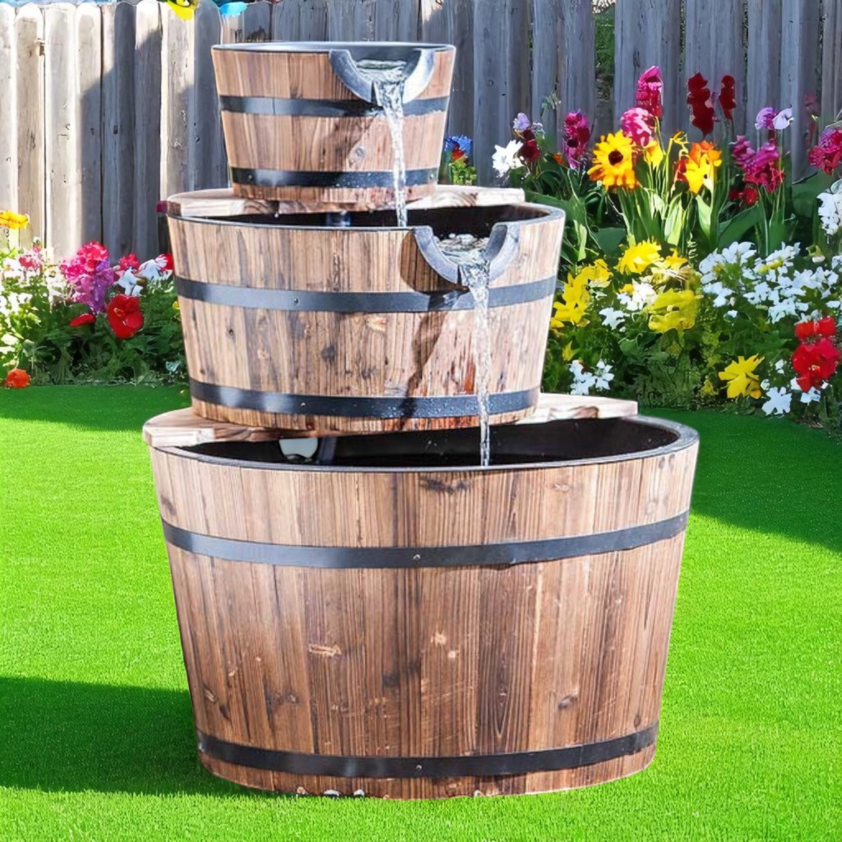 Heissner 3 Tier Wooden Barrel Water Feature