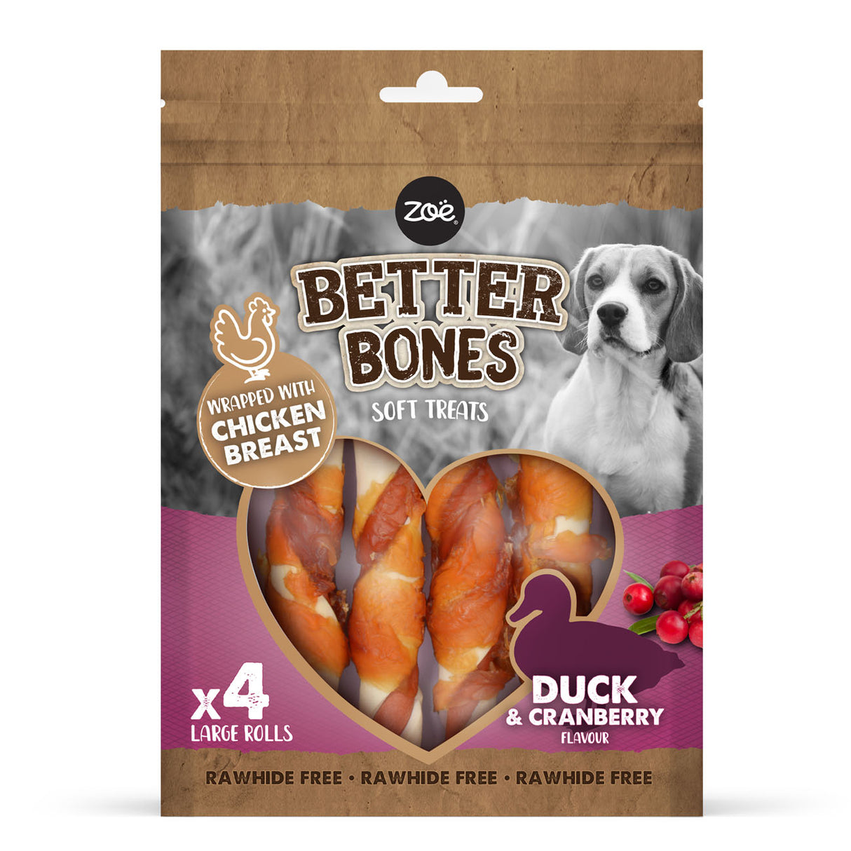 Zeus Better Bones Duck & Cranberry Large Rolls 4 Pack