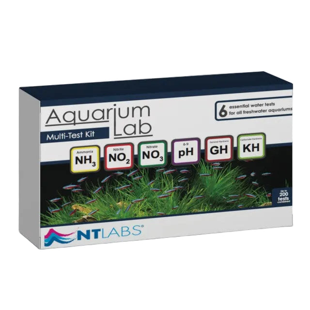 Box of NT Labs Aquarium Lab Multi-Test Kit with graphic elements indicating the 6 all-inclusive tests for aquarium water quality: Ammonia, Nitrite, Nitrate, pH, GH and KH. The box is predominantly white and blue with images of aquatic life and a green background.