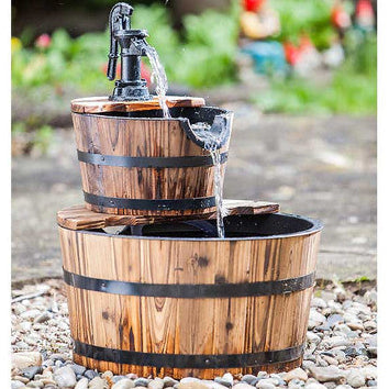 Heissner 2 Tier Wooden Barrel Water Feature With Pump